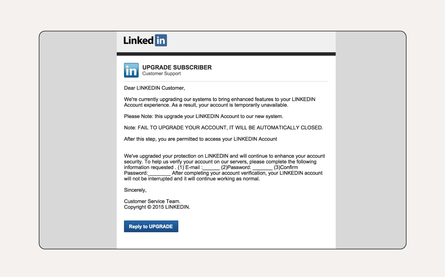 A LinkedIn social media phishing example.